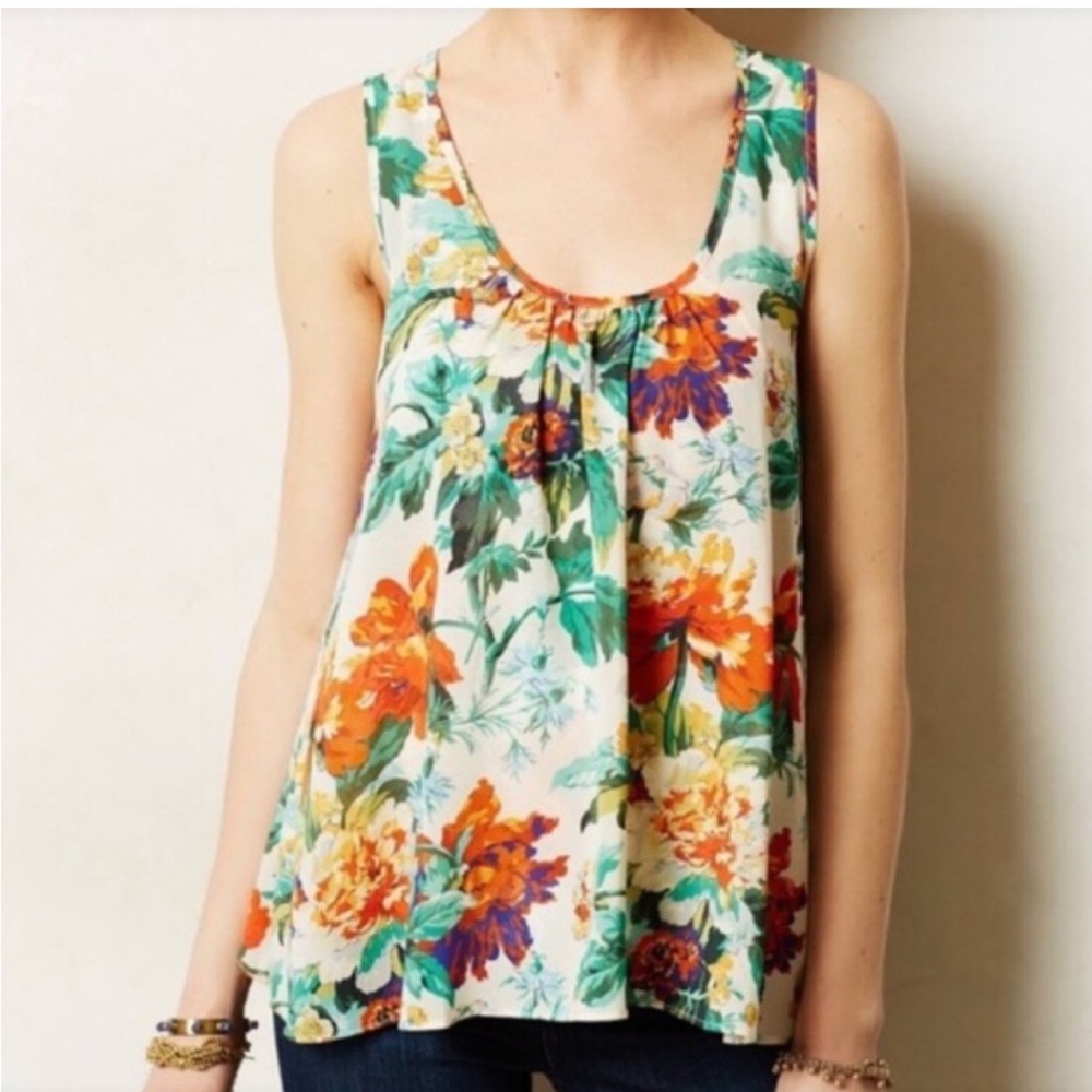 {ANTHRO} Meadow Rue Floral & Flowy Pleated Sleeveless Tank Top